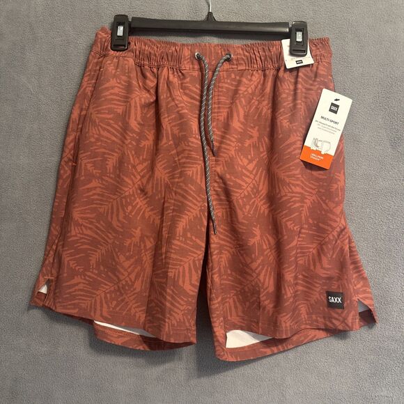 SAXX Multi- Sport 2N1 Shorts Ballpark Pouch Mens Size M Leaf Print Lined Pockets - Picture 1 of 7